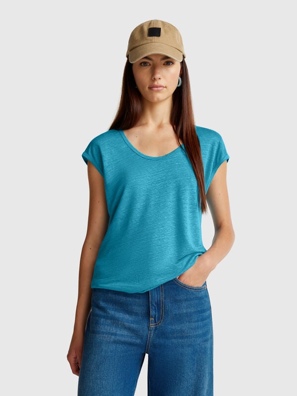 Camiseta de cuello ancho en puro lino Mujer