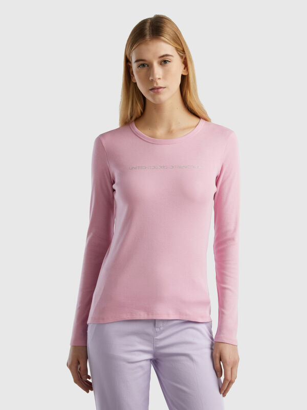 Camiseta de manga larga de 100 % algodón rosa pastel Mujer