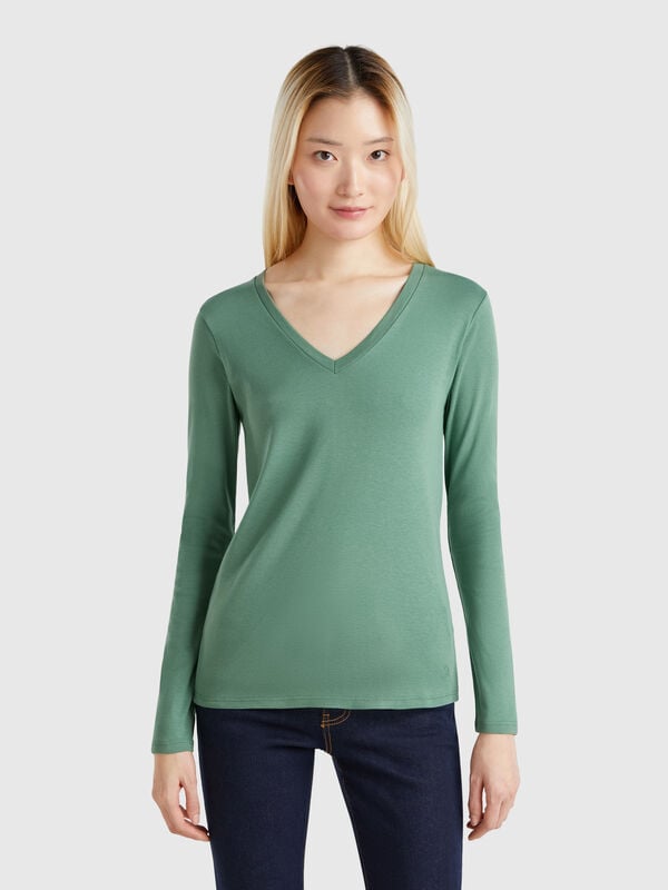 Camiseta de manga larga con cuello en V Mujer