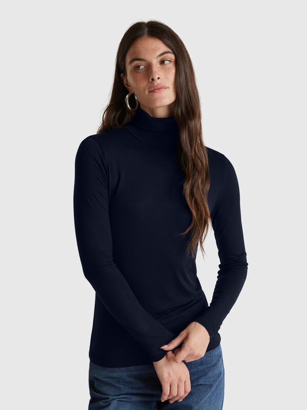 Camiseta de cuello alto de viscosa elástica Mujer