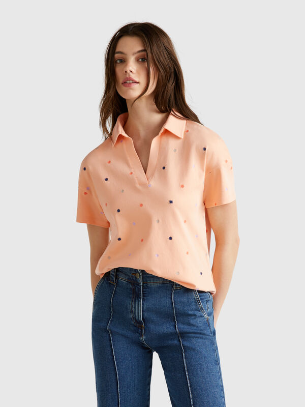 Polo con bordado de flores Mujer